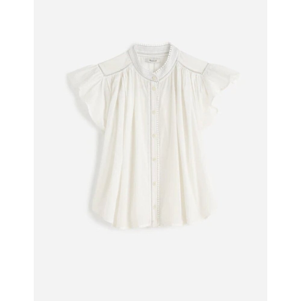 Madewell Womens Shirred Ruffle Lace-Trim Top Sz XS  Cottagecore Flowy Blouse NWT - Picture 2 of 13